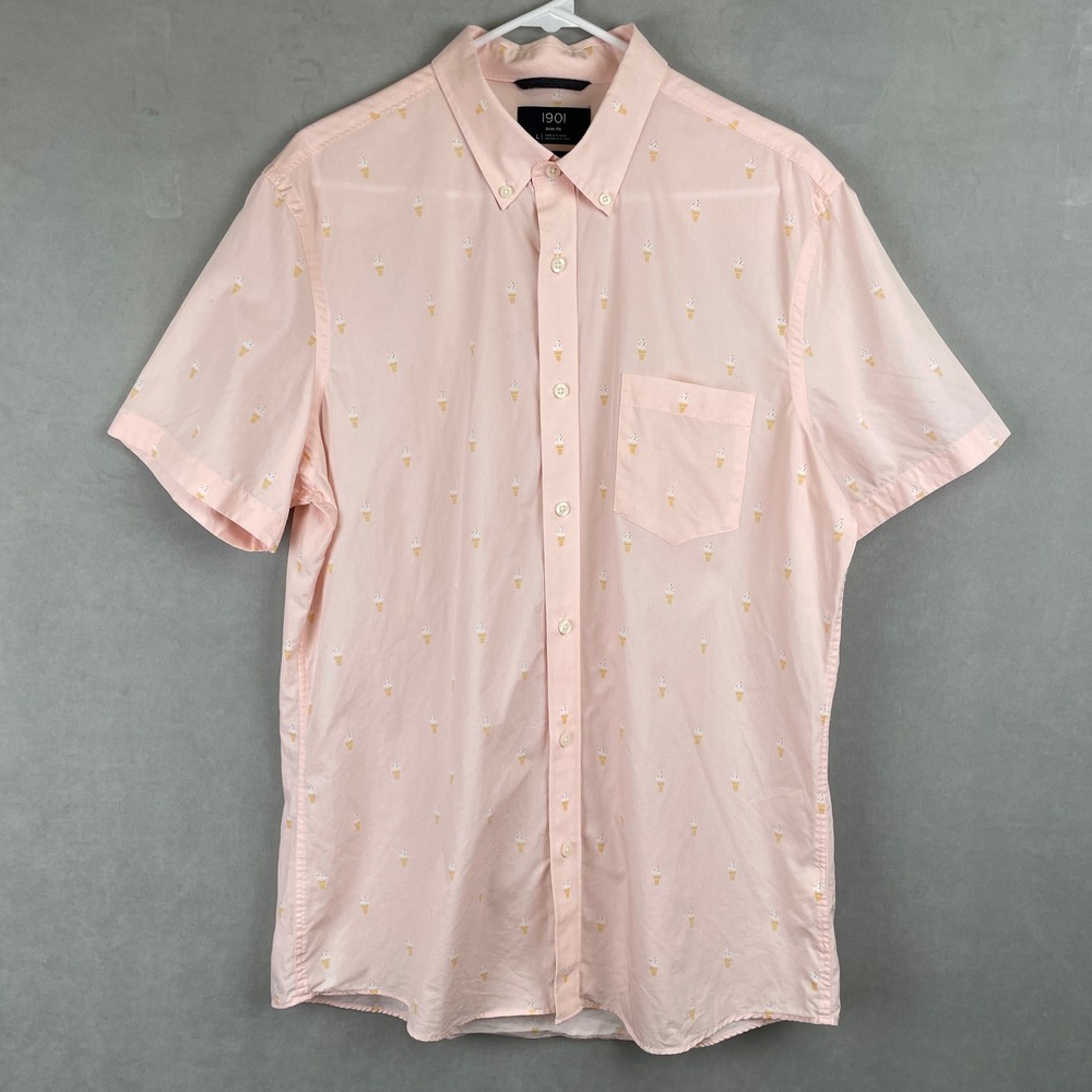 1901 Mens Pink Ice Cream Cone Print Fairview Wash S/S Button Shirt Trim Fit L